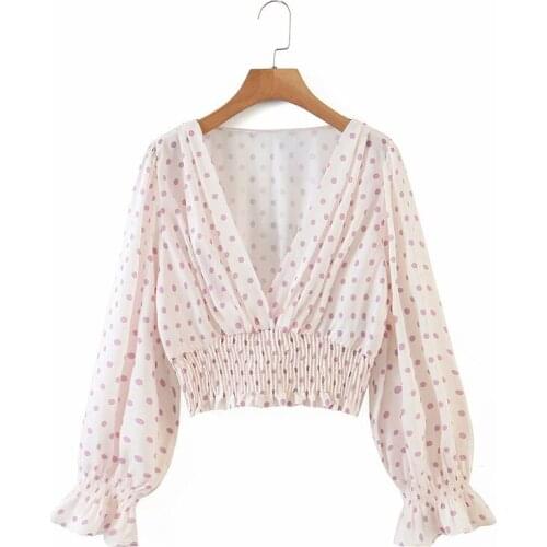 Summer Chic Lady Pink Polka Dot V-neck Za Short Blouse Women Fashion Elastic Wasit Long lantern Sleeve Short Tops Femme