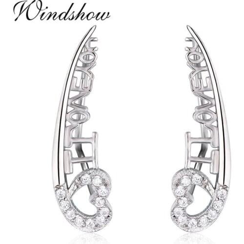 925 Sterling Silver ILoveYou Heart CZ Ear Climber Stud Earrings For Women Girls Jewelry Aros Aretes Ear Jacket Oorbellen bijoux