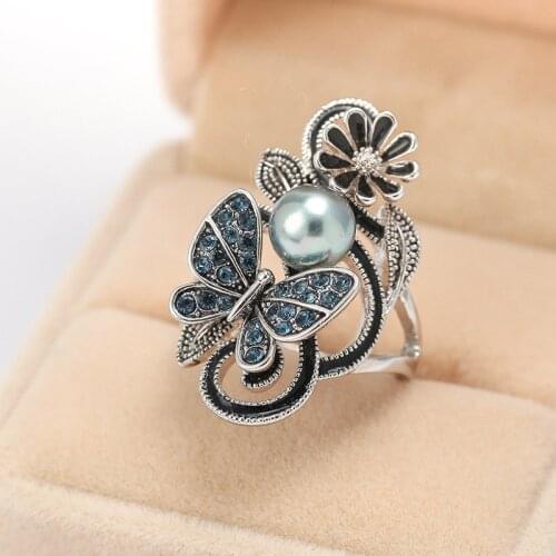 Trendy 2021 Ink Blue Pearl Butterfly Crystal Womens Ring For Engagement Wedding Jewelry Copper Accessories Size 5-11