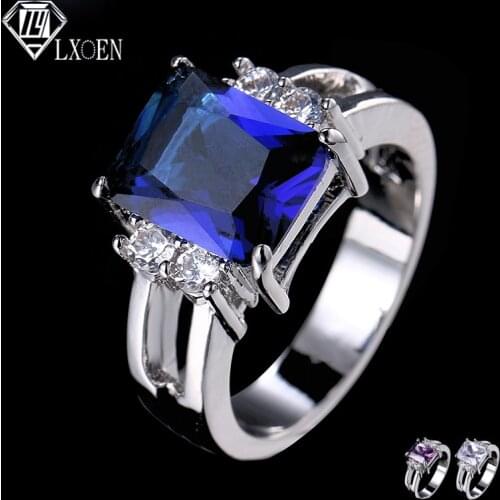 LXOEN Luxury Brand Blue Zircon Engagement Rings Female Noble Purple Square Crystal Double Layer Titanium Ring For Women Jewelry