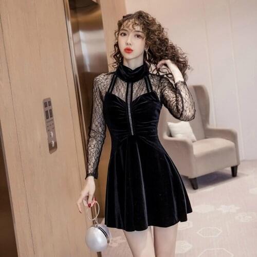 2019 Modis Mini A Line Black Velvet Dress Women Lace Patchwork Corset Evening Party Dress Ladies See Through Sexy Dress Women