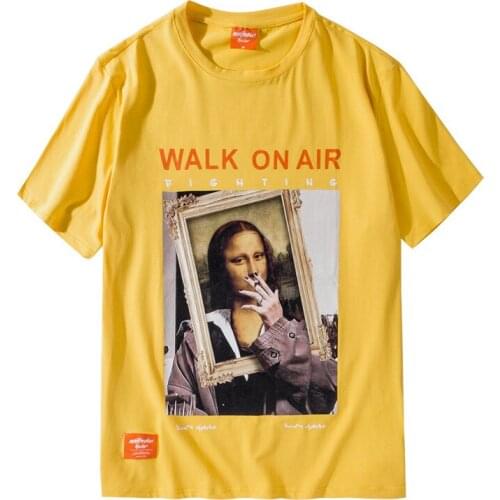 2021 Kpop Funny Smoking Mona Lisa Print Men T Shirt Femme Printemps Yellow Short Sleeve Tshirts Cotton Women Camisetas De Mujer