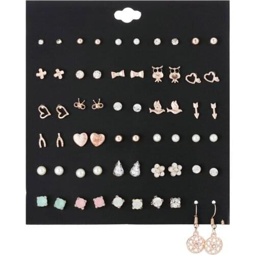 30Pairs/Set Minimalist Mixed Crystal Stud Earrings Set For Women Gold Silver Color Simple Small Flower Heart Earrings Girl Party
