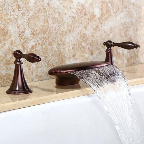 Antique brown solid brass Waterfall bathroom sink faucet art Double handle three holes High-quality basin mixer faucet