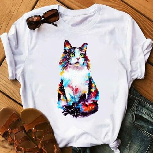 Colorful Cat Printed Tshirt Women T shirt Casual Tee Summer Short sleeve Round Neck Clothes Fashion Tops Mode Femme