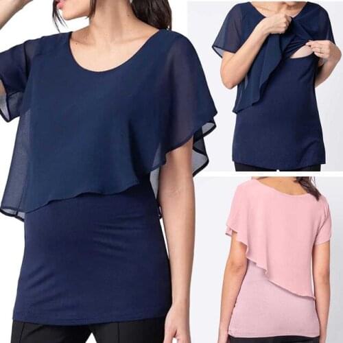 Fashion Lady Care Short Sleeve Shirt Solid Color Breastfeeding T-Shirt Pregnant Women Cotton Soft Casual Home Top