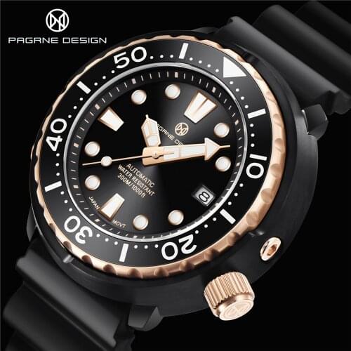 PAGRNE DESIGN Mens Automatic Watch 300M Waterproof Sapphire Glass Stainless Steel Watch Ceramic Bezel Mens Wristwatch