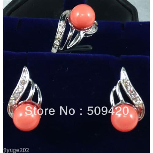 Free Shipping Wholesale>>>Charming!Pink Coral Earring Ring Set