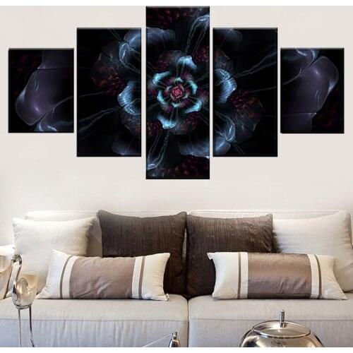Canvas Wall Art Poster Framework Canvas Prints Picture 5 Panel Abstract Fractal Black Flower Painting For Living Room Home Decor