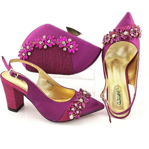 Lastest Italian Special Flower Style Decoration Nigerian 2021 Design Magenta Color Noble Party Banquet Women Shoes and Bag Set