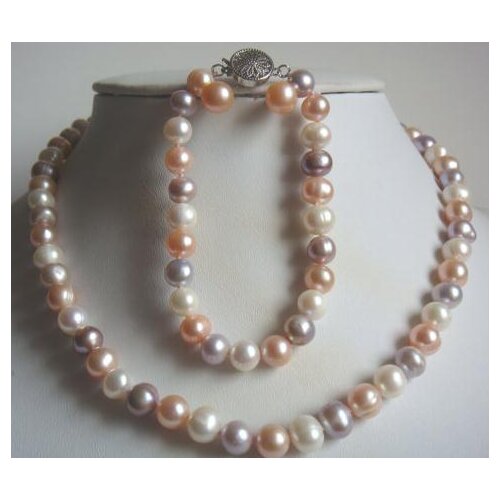 New Arriver Pearl Jewelry Set 17/7.5inch 8-9mm White Pink Lavender Freshwater Pearl Necklace Bracelet Earring