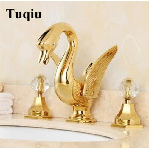 New arrival luxury brass gold finished swan design bathroom 8' widespread sink faucet,three hole basin tap mixer