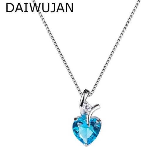 DAIWUJAN Blue Pink White Heart Necklaces For Women 925 Silver Love Crystal Pendants Necklace Anniversary Wedding Jewelry Gift