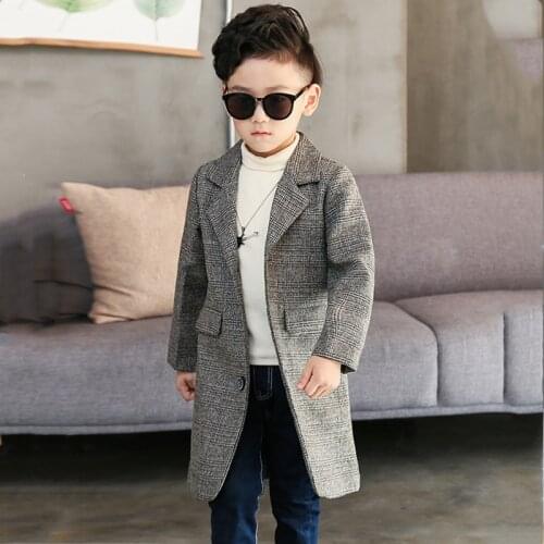 Boy Woolen Coat Turn Collar Single-breasted Casual Spring Autumn Coats For 5-16T Boys Outwear Gray High Quality