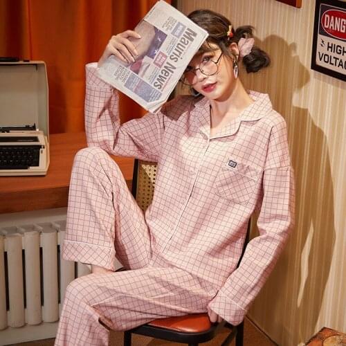 2021 New Spring / Autumn 100% Cotton Long-Sleeved Trousers Pajamas Set for Women Simple Style Sleepwear Suit Ladies Home Service