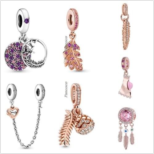 Authentic 925 Sterling Silver Rose Pine Needle Leaf With Crystal Pendant Charm Beads Fit Pandora Bracelet & Necklace Jewelry