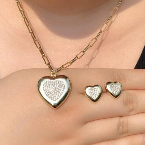 Luxury Heart Gold Color copper Jewelry Set For Women Zircon Stone Pendant Necklace Charms stud Earrings Dubai Bridal Wedding Set