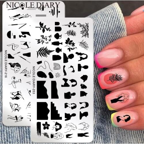 NICOLE DIARY Abstract Woman Design Stamping Plates Lady Girl Face Nail Stamp Templates Leaf Floral Flower Line Printing Stencil