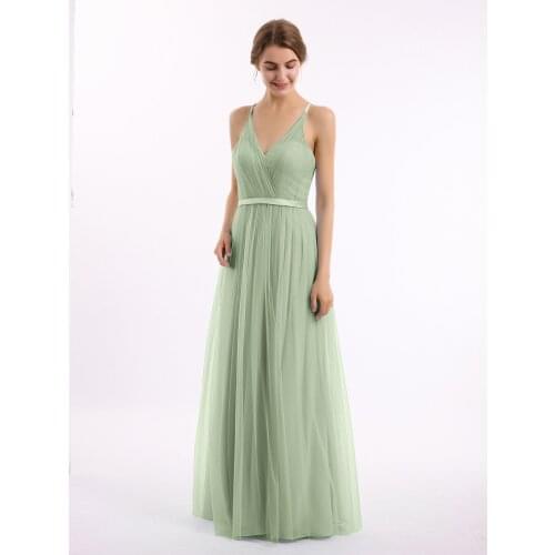 Prom Sage bridesmaid dresses new tulle sexy V neck A Line bohemian style wedding guest dress Floor-Length vestido madrinha
