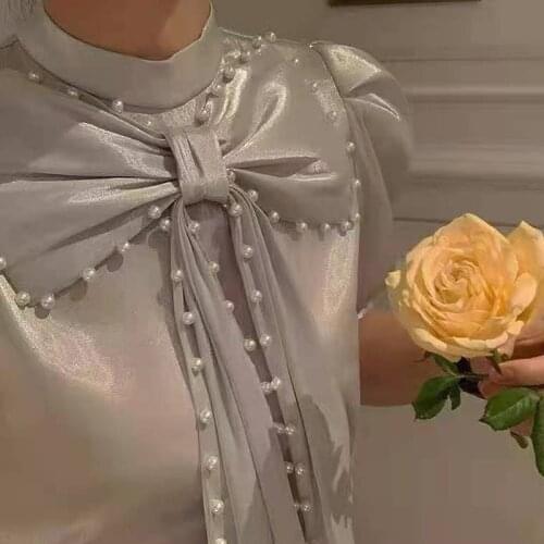 Women Blouse 2021 Summer Short-sleeve Blouse Slim Top New Style Chiffon Shirt French Bow Beading Elegant Blusas Mujer 15698