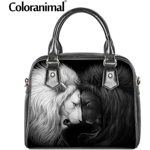 Coloranimal Women Casual Tote Shoulder Bags Cool Lion Black and White Printed Brand Luxury PU Leather Crossbody Bags For Ladies