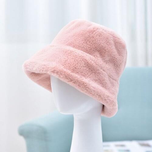 Womens Winter Thicken Fluffy Plush Fisherman Cap Solid Color Wide Brim Sun Hat 649C