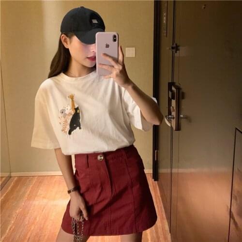 Cotton Cartoon Animal Embroidered Fahsion White Simple Cute Sweet Short Sleeve O-neck Women Female Top T-shirt