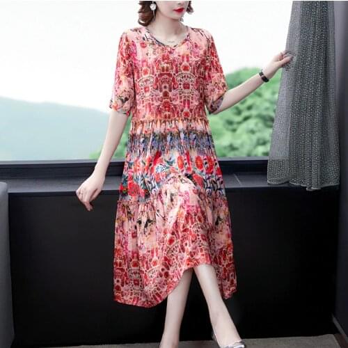 2021 Summer Vintage Red Mulberry Silk Midi Dresses Fashion 4XL Plus Size Print Runway Dress Elegant Women Bodycon Party Vestidos