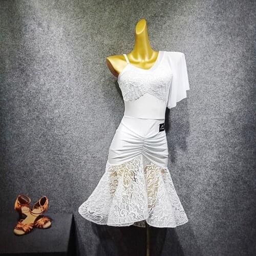 Single Sleeve V neck White Lace Latin Dance Dress Girls Women Samba Dance Costumes Clothes For Salsa Ballroom Dancing Dresses Fo