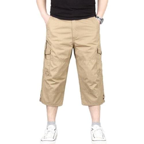 Men cargo pants Solid Color Breathable Pocket Loose Solid Color Multi Pockets Loose Straight Capri Cropped Pants Trousers Men