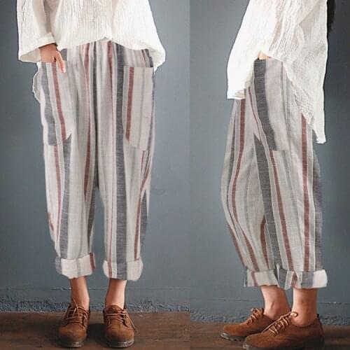 Cotton Linen Ankle Length Pants Women 2019 Summer Casual High Waist Pant Loose Harem Stripe Pocket Women Trousers