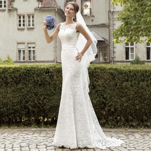 Cheap Sleeveless Lace Scoop Court Train Floor-length Backless Mermaid Wedding Dress 2020 Tank Luxury Vestido De Novia Bow Bride
