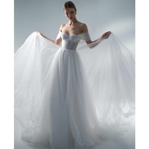 Elegant Long Tulle Off Shoulder Beaded Wedding Dresses Corset Back A-Line White Robes De Mariée Bridal Gown For Women