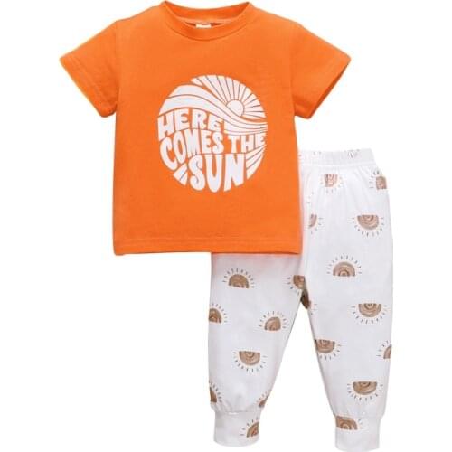 Autumn Infant Babys Casual T-shirt and Shorts Set Fresh Letter Short Sleeve Tops and Sun Print Short Pants