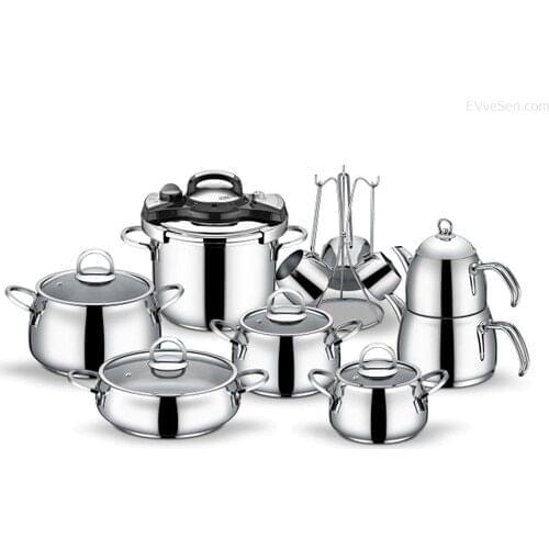 Neva N2344 Carolina 18 Piece Steel Cookware Set Steel Cookware Teapot Coffee Pot Set 18/10 Stainless Steel Inox Made in turkey