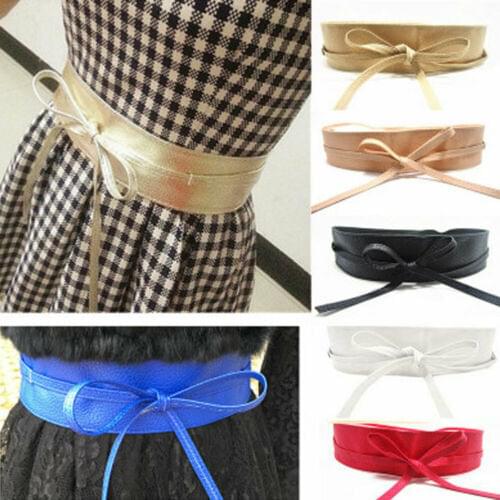 Classy Women Waist Belt Stretch Buckle Bow Wide PU Leather Elastic Slimming Lace Up Waistband Corset Tie Belt