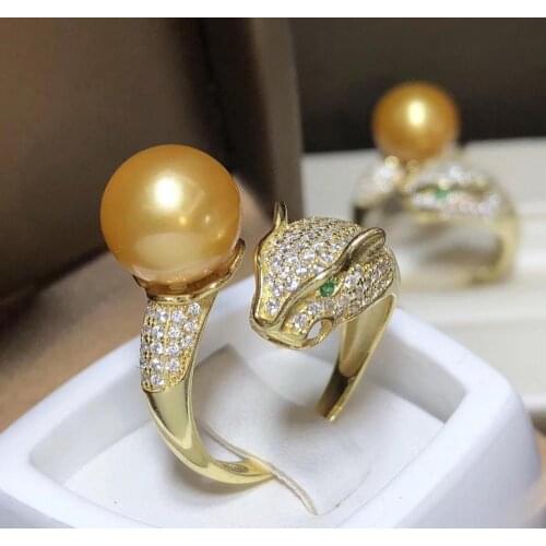 D510 Pearl Ring Fine Jewelry 925 Sterling Silver Round 11-12mm Nature Fresh Water Golden Pearls Rings for Women Presents