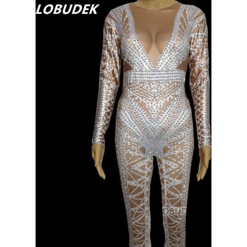 Female costume Novelty Rompers costume Shining stone white black crystal Sexy jumpsuit stage Diamond star performance party