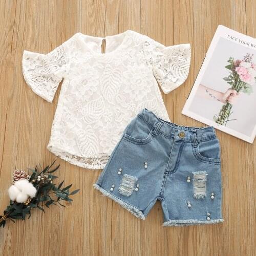 Summer Kids Girls Sweet 2PCS Set Floral Embroidery Short Flare Sleeve Lace Tops + Solid Color Ripped Short Jeans Outfit