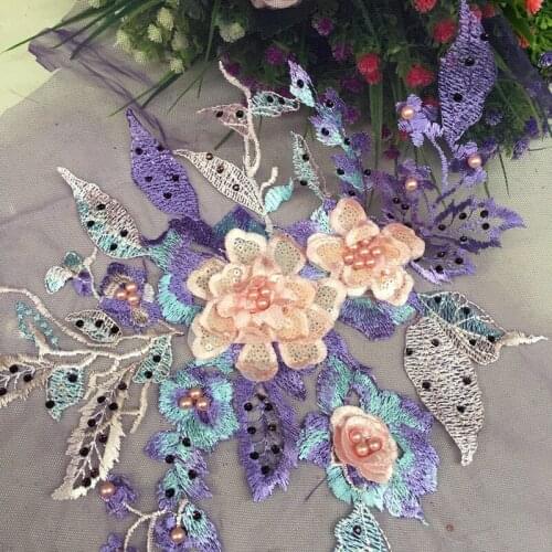 2 Pieces Selling 3D Beading Embroidery Flower Patch Lace For Diy Baby Skirt Night Dress Dance Jean Decoration M10309