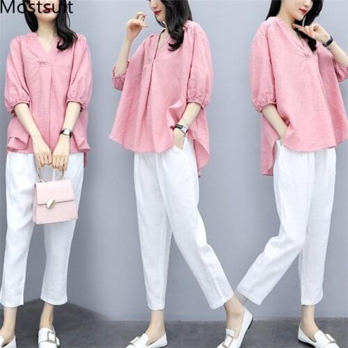 Cotton Linen Two Piece Sets Outfits Women Plus Size Spring Autumn V-neck Tops And Pants Suits Casual Korean Vintage 2 Piece Sets