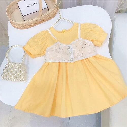 Summer Dress Western-style Lace Sling Strapless Yellow Foam Sleeve Dress Girls Fashion Short-sleeved Dress Baby Girl Clothing