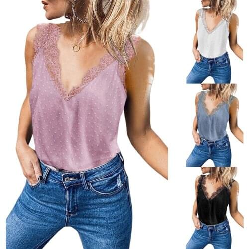 Women Dotted Tank Top Adults Sexy Sleeveless Eyelash V-Neck Lace Trim Pullover White Black Pink Light Blue