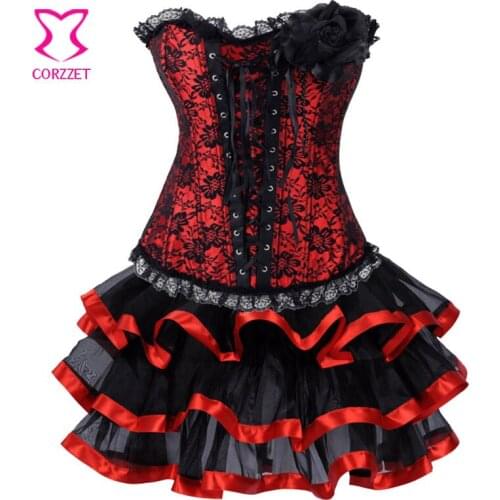 Victorian Corset Dress Black/Red Floral Lace Corset Top with Tulle Tutu Skirt Women Gothic Dresses For Burlesque Party ClubWear