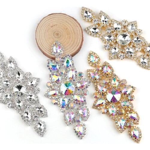 QIAO 6.3x13.5cm Sewing On Rhinestone Applique 1 pcs Silver Base Clear Crystal Rhinestones DIY Wedding Evening Dress