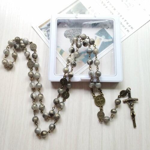 QIGO Vintage Jesus Cross Rosary Necklace Saint Benedict Acrylic Beads Strand Long Pendant Necklace Religious Jewelry
