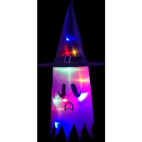 Lighted Halloween Hat Battery Operated Colorful Fabric Hanging Lighted Glowing Witch Hat for Garden