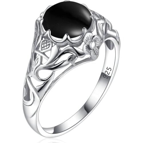 Szjinao Black Onyx Gemstone Rings For Woman Solid 925 Sterling Silver 585 Yellow Gold Flower 2ct Stone Vintage Womens Jewellery