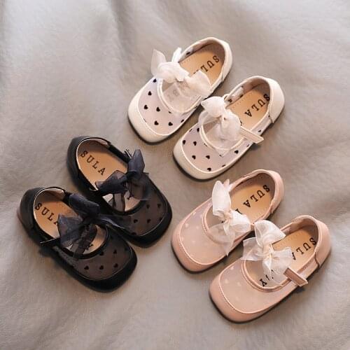 Girls Bowtie Princess Shoes Summer Girls Sandals Mesh Leather Shoes Kids Breathable Flats Lace Gauze Mary Janes Shoe Toddlers