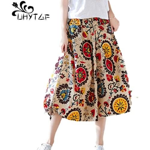 UHYTGF 2021 Plus Size Pants Women Fashion Printing Vintage Cotton Linen Summer Wide Leg Pants Women Elastic Waist Bloomers 1622